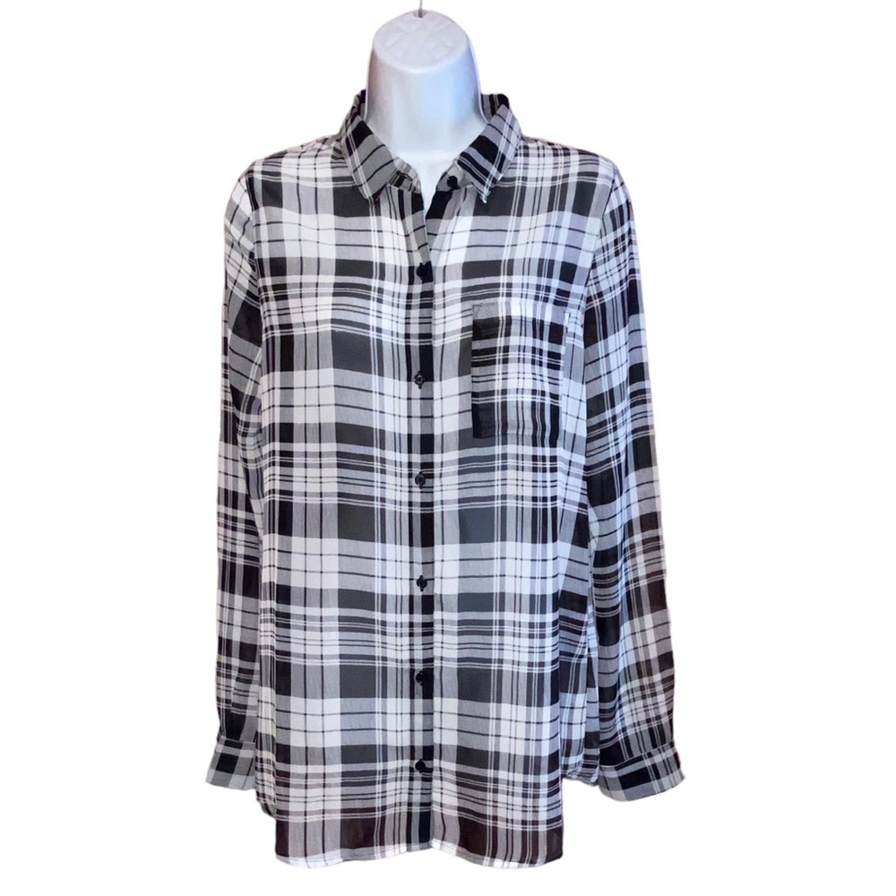 Old Navy Women’s Small Tall Sheer Black White Plaid Button Down Shirt Top